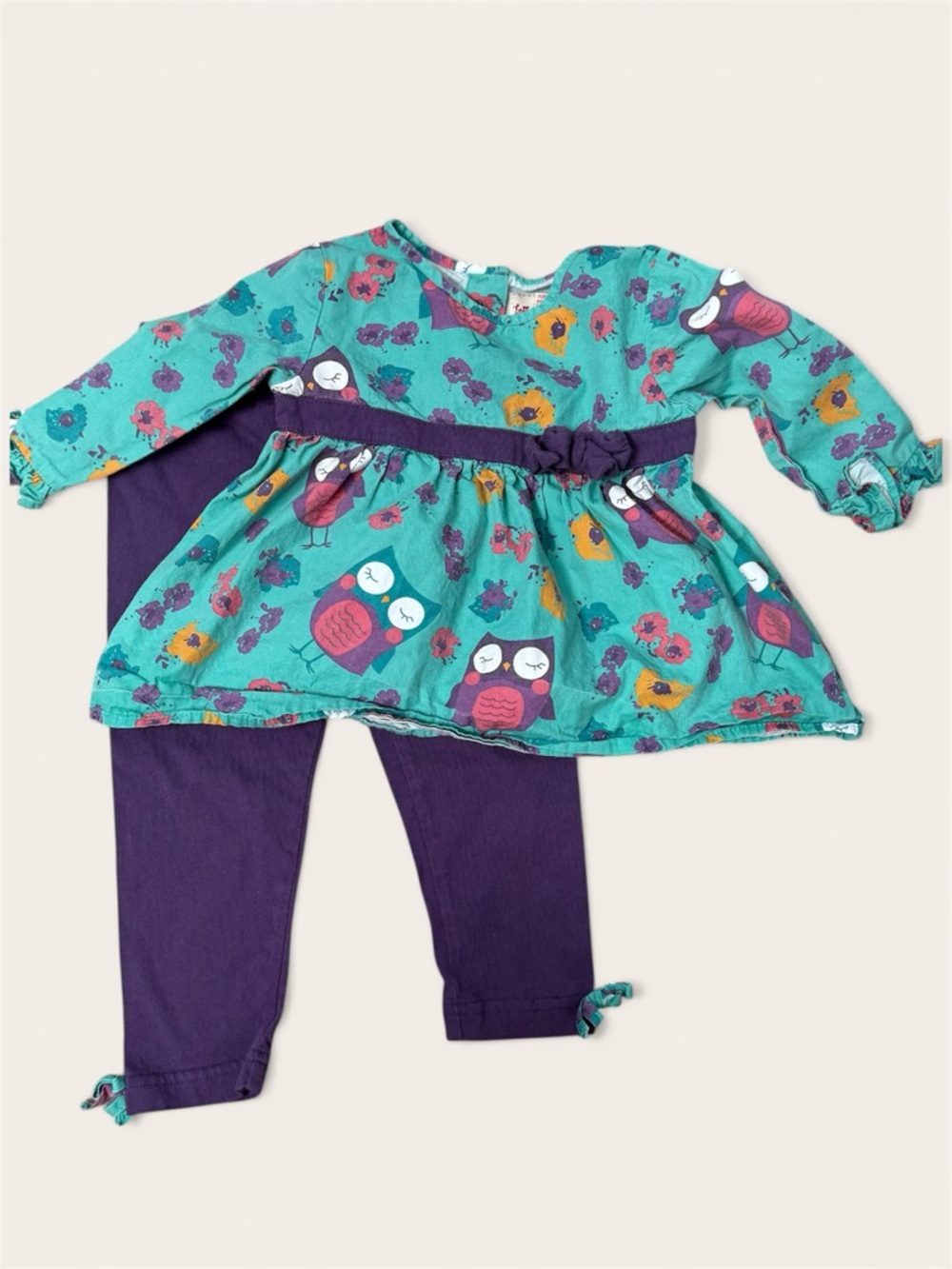 NWOT Toffee Apple Infant Turquoise Owl Ruffle Tunic & Matching Leggings Set, 18M